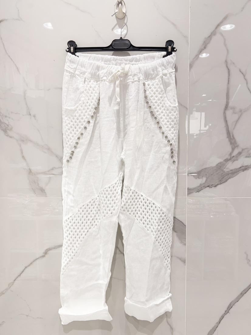 Eyelet Detail Linen Pants