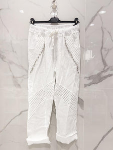 Eyelet Detail Linen Pants