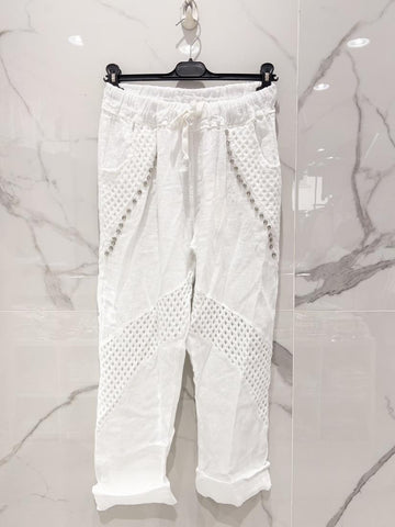 Eyelet Detail Linen Pants