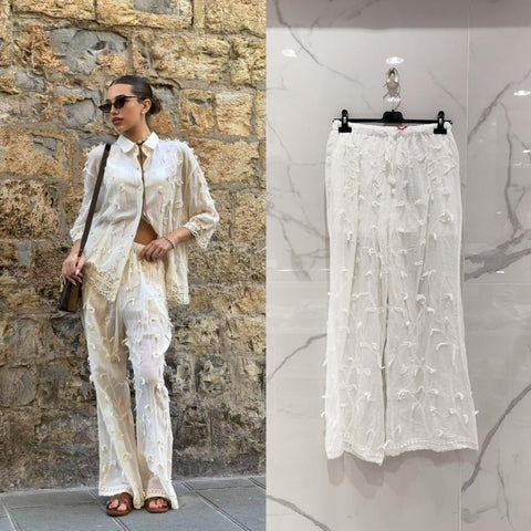 Draw String Wide Leg Pants With Embroidery Details