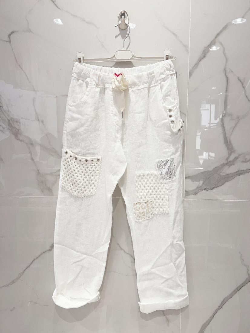 Eyelet Detail Linen Pants