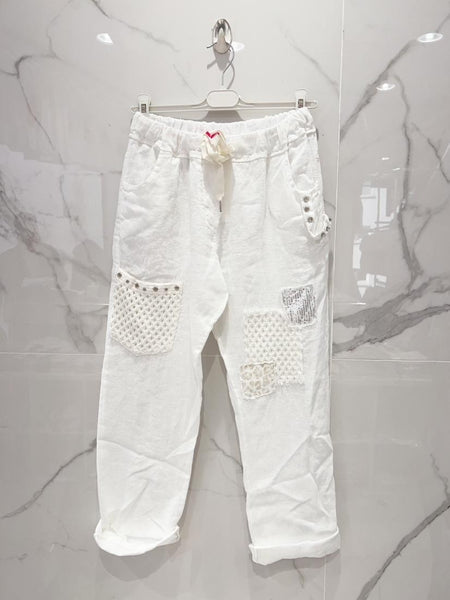Eyelet Detail Linen Pants