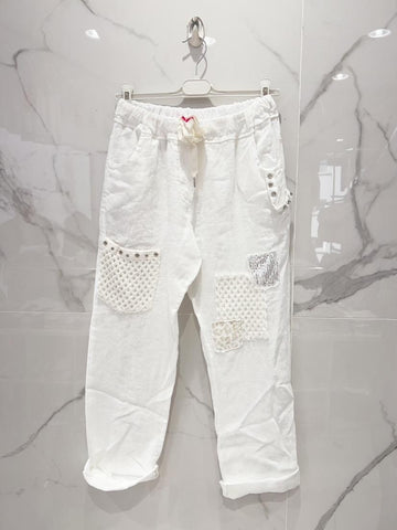 Eyelet Detail Linen Pants