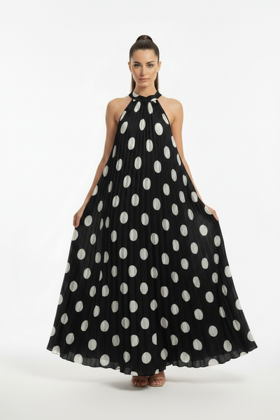 Long Pleat Polka Dot Dress