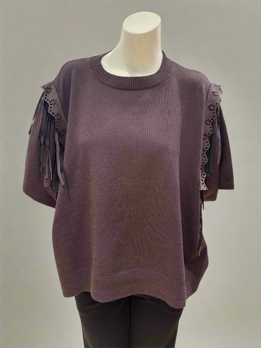Short Sleeve Sweater With Fringe Detail