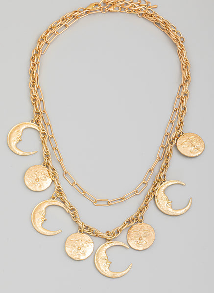 Layered Hammered Moon Face Charm Necklace