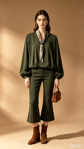 Long Sleeve V-Neck Top With Scarf