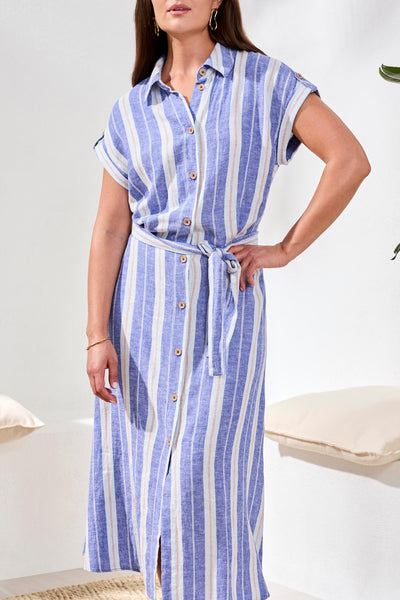 Short Sleeve Shirt Dress With Side Slit & Waist Pleat