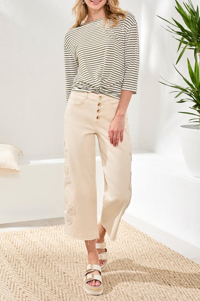 Audrey Button Fly Wide Crop Denim With Crochet Detail