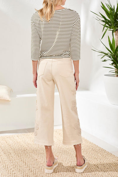 Audrey Button Fly Wide Crop Denim With Crochet Detail