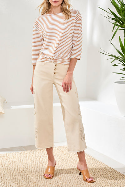 Boat Neck 3/4 Sleeve Stripe Top With Knot Detail