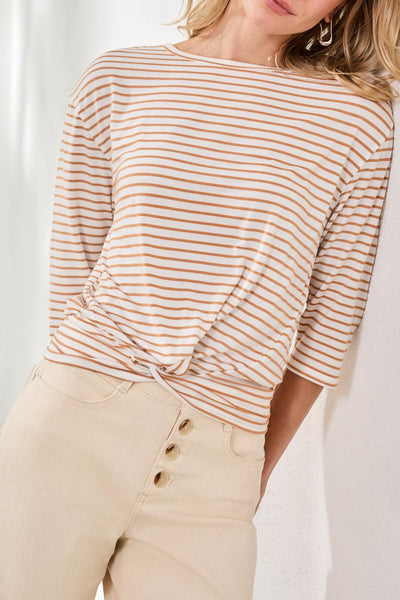 Boat Neck 3/4 Sleeve Stripe Top With Knot Detail