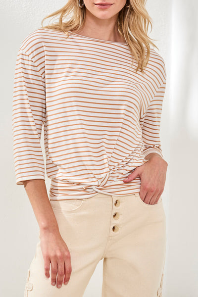 Boat Neck 3/4 Sleeve Stripe Top With Knot Detail