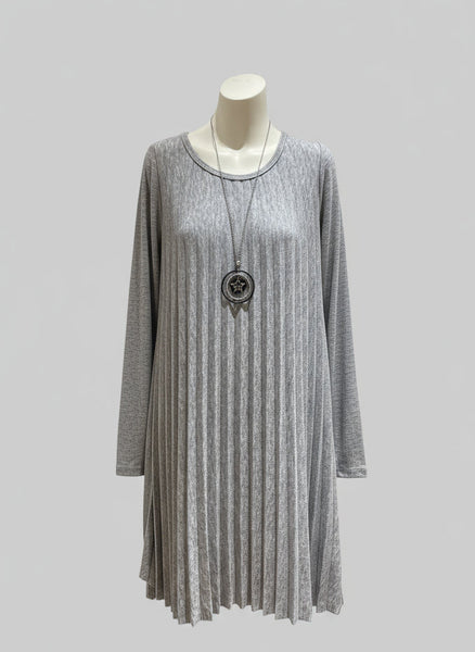 Long Sleeve Pleat Wool Mixed Dress