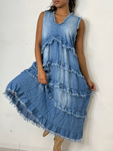 Sleeveless Frill Detail  Denim Dress