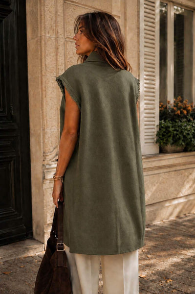 Open Front Frayed Trim Knit Vest