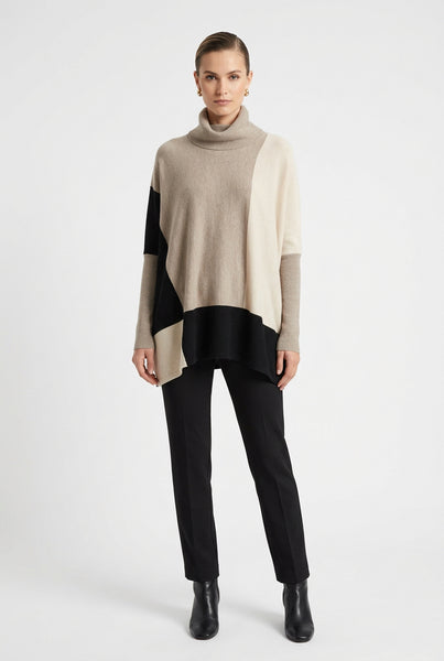 Turtle Neck Color Block Poncho Sweater
