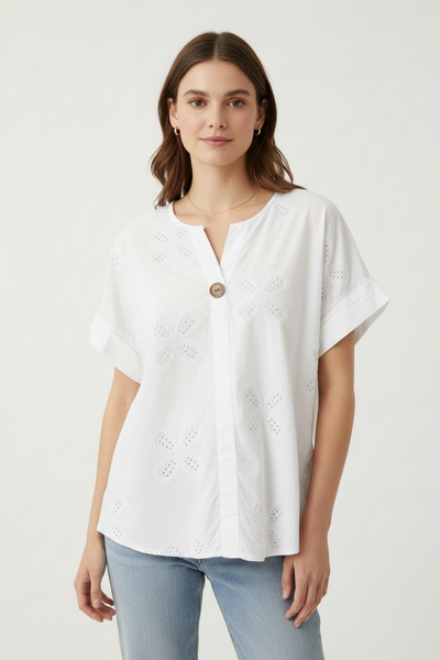 Short Sleeve Cotton Top With Embroidery