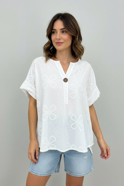 Short Sleeve Cotton Top With Embroidery