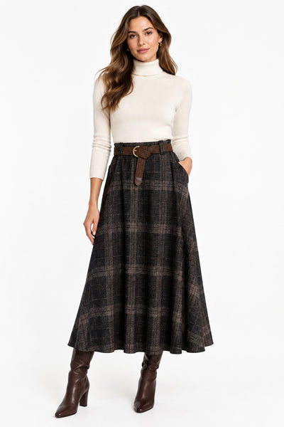 Long Belted Plaid Skirt