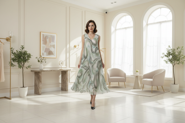 Long Sleeveless Print Pleat Dress