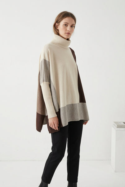 Turtle Neck Color Block Poncho Sweater