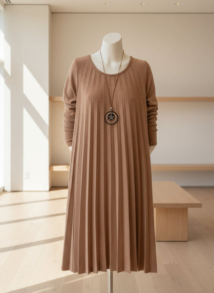 Long Sleeve Pleat Wool Mixed Dress