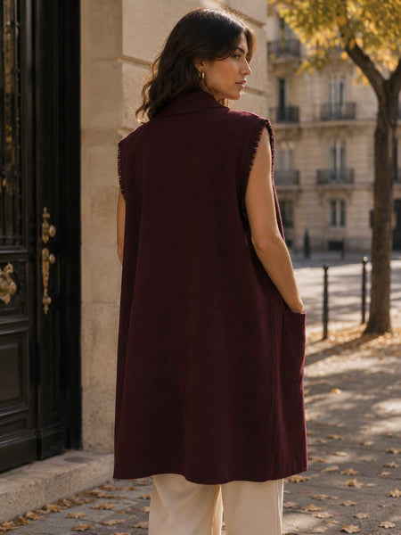 Open Front Frayed Trim Knit Vest