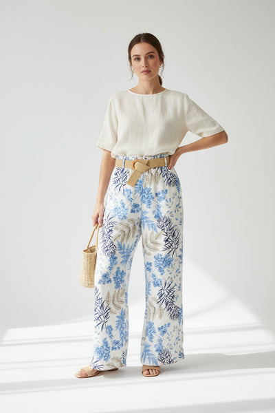 Belted Print Cotton Pants