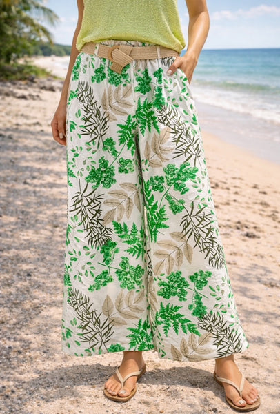 Belted Print Cotton Pants