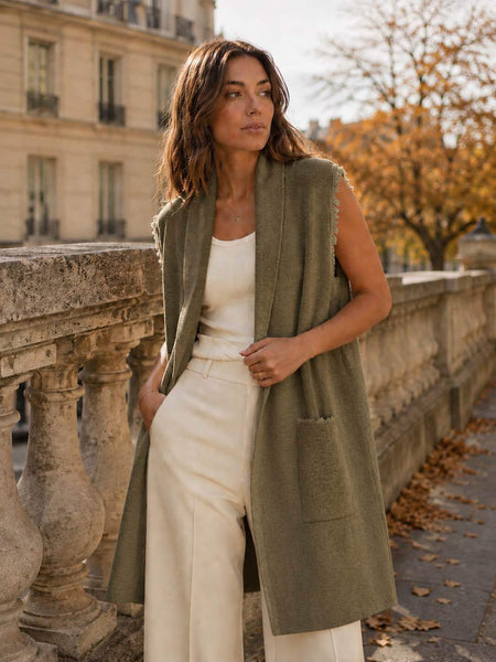 Open Front Frayed Trim Knit Vest