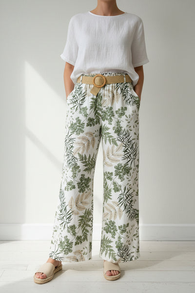 Belted Print Cotton Pants