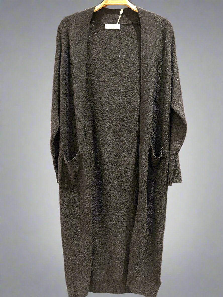 Long Open Front Rib Knit Cardigan