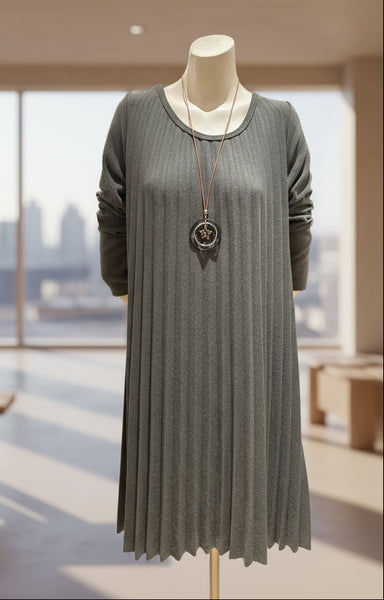 Long Sleeve Pleat Wool Mixed Dress