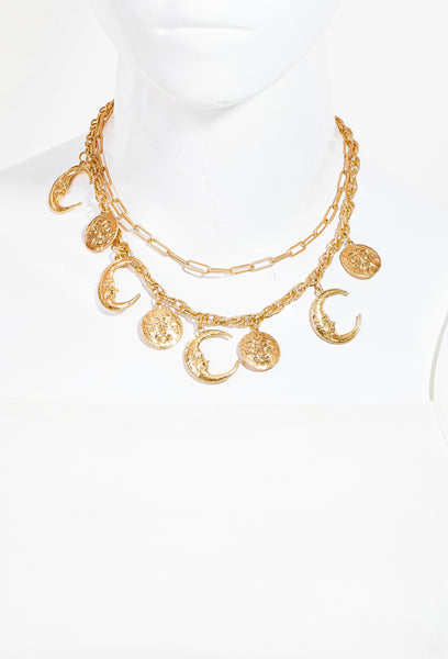 Layered Hammered Moon Face Charm Necklace
