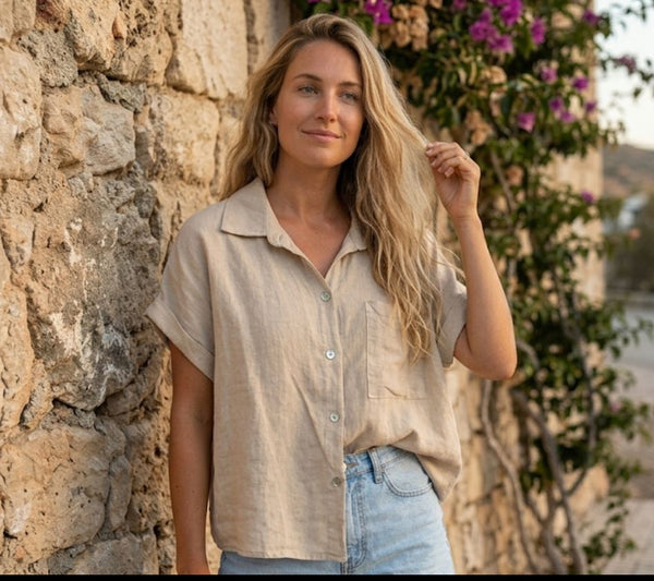 Short Sleeve Button Front Linen Shirt
