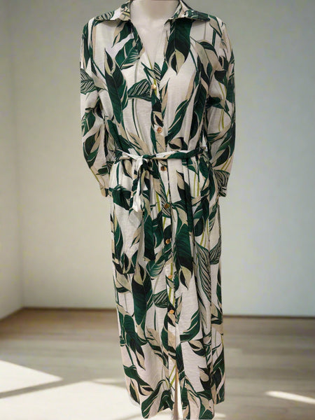 Belted Leaf Print Dress