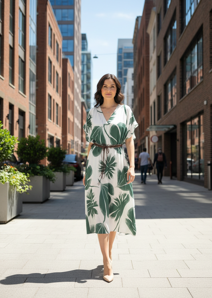 Sleeveless Leaf Print Belted Dress