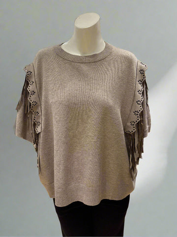 Short Sleeve Sweater With Fringe Detail