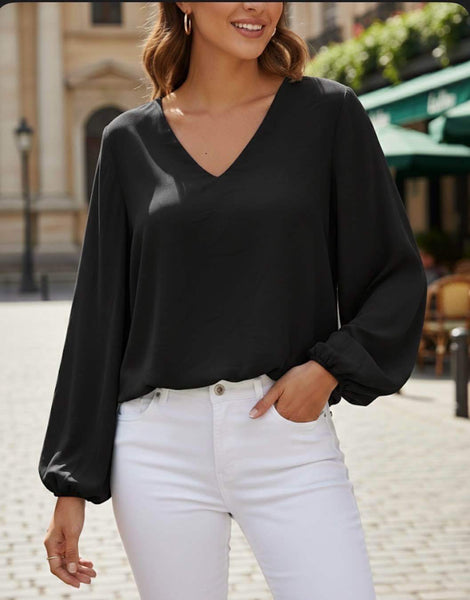 Long Sleeve V Neck Solid Top