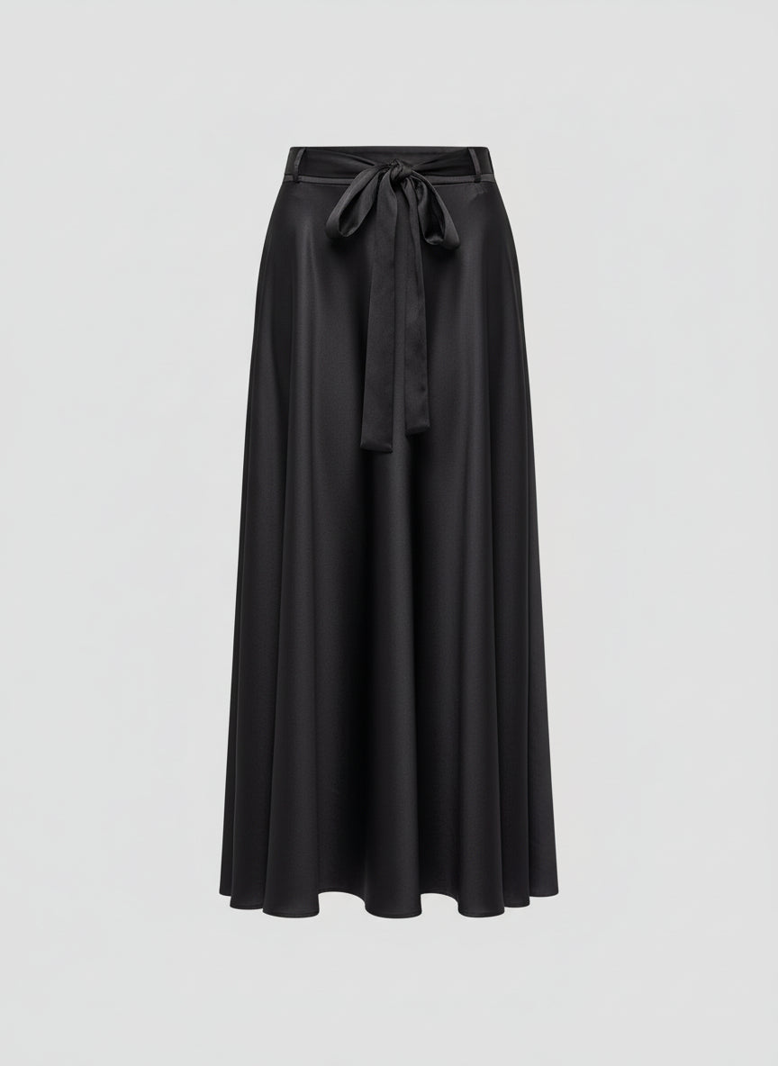 Long Belted Sateen Skirt