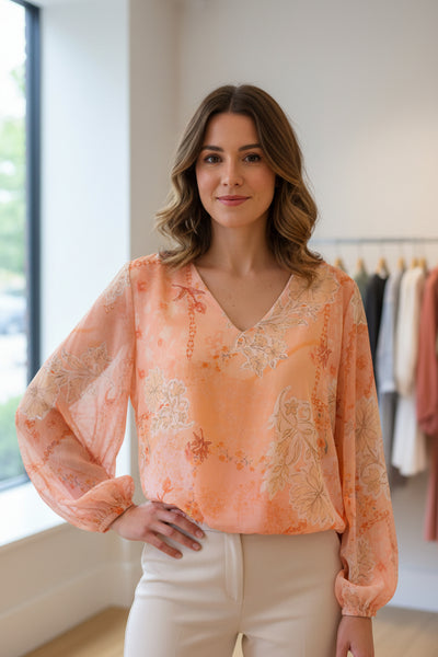 Long Sleeve V Neck Print Top
