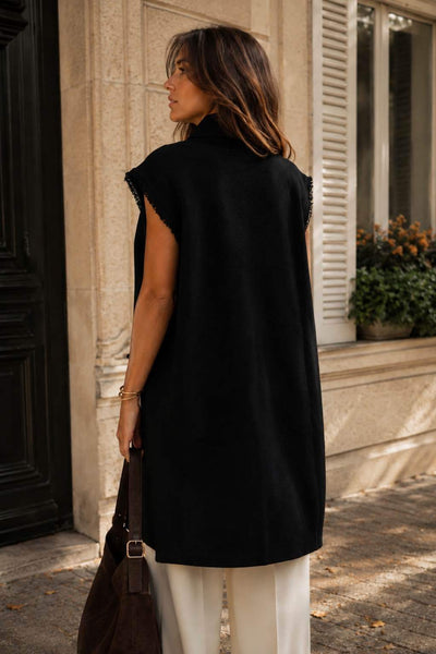 Open Front Frayed Trim Knit Vest