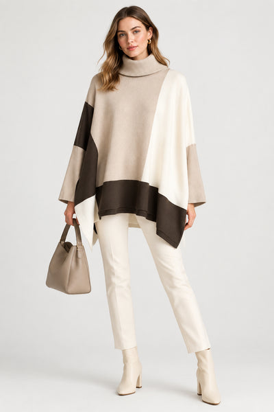 Turtle Neck Color Block Poncho Sweater