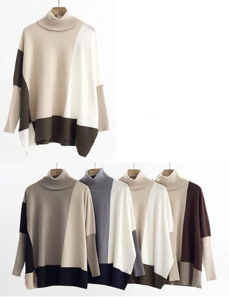 Turtle Neck Color Block Poncho Sweater