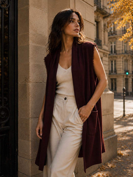 Open Front Frayed Trim Knit Vest