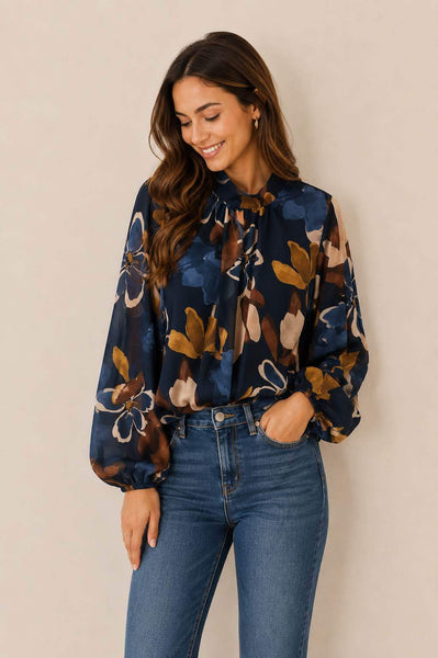 Mock Neck Floral Print Top