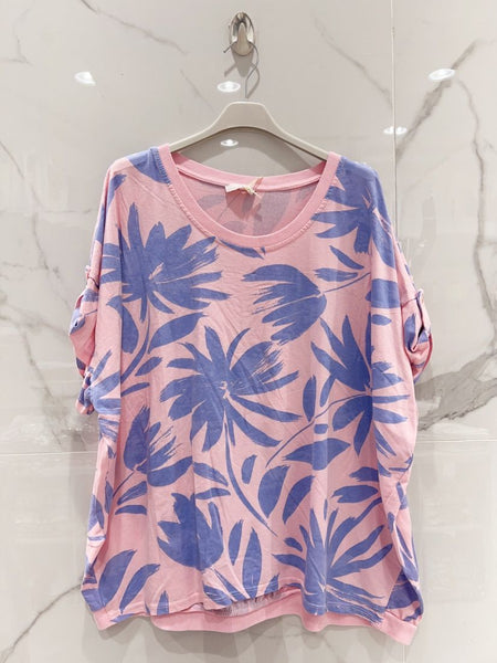 Short Sleeve Leaf Print Cotton Top