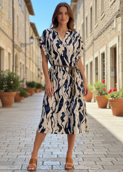 Short Sleeve Belted Print Dress