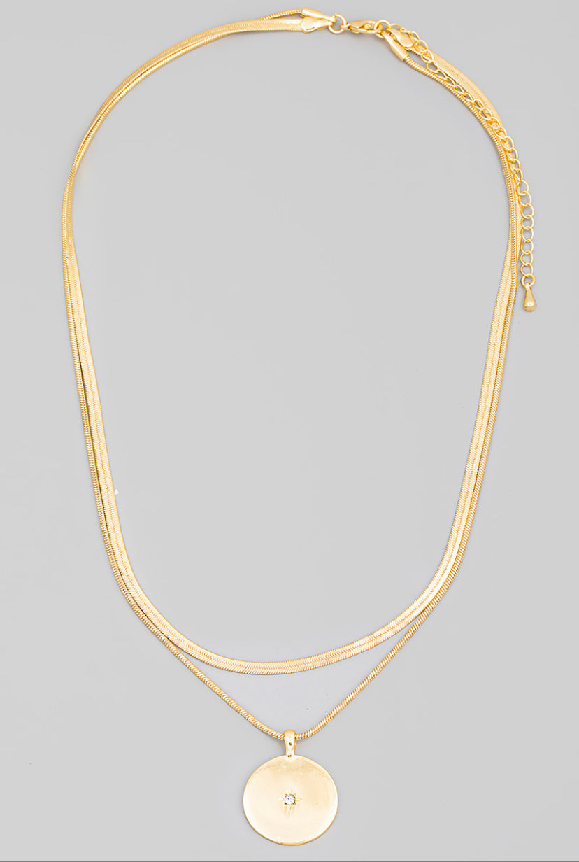 Layered Snake Chain Disc Pendant Necklace
